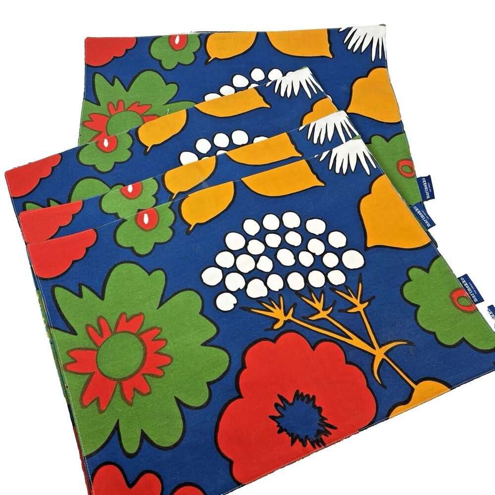Marimekko Reversible Floral Placemats Set 4 Blue Mod Retro Bright Colorful 14x19